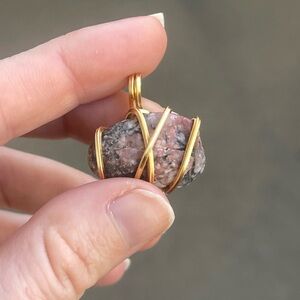 Rhodonite Gold Tone Wire Wrap Pendant